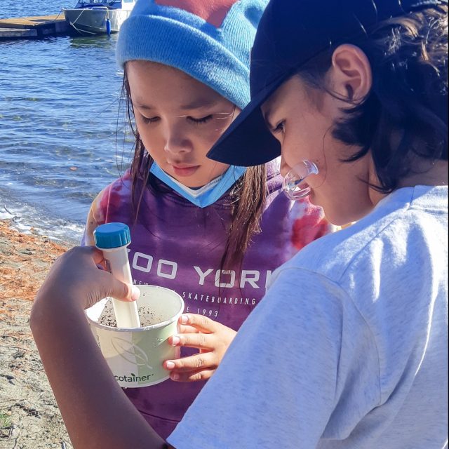 Community elders made suggestions for areas of interest to be tested along Bear Island’s shores. Students were taught how to use tools like multiparameter readers to take before and after samples of Total Dissolved Solids (TDS) and conductivity throughout these lessons.